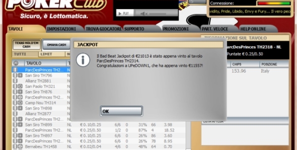 Pazzesco su Poker Club: UPeDOWN1 centra nuovamente il Bad Beat Jackpot!