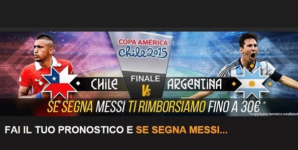 Finale di Coppa America tra Cile e Argentina: se segna Messi NetBet.it ti rimborsa il 100% fino a 30€!