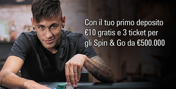 Su PokerStars.it arriva il bonus primo deposito Neymar Jr: 10€ gratuiti e 3 ticket per gli Spin & Go da 500.000€!
