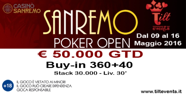 Dal 9 al 16 maggio la terza edizione Sanremo Poker Open da €50.000 garantiti