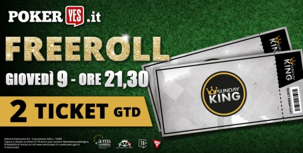 Stasera freeroll straordinario su PokerYes: in palio due ticket Sunday King 100.000€ grt e 100€ in bonus scommesse!