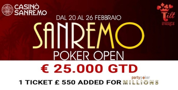 Torna il Sanremo Poker Open con 25.000€ garantiti e un ticket added per il PartyPoker Millions