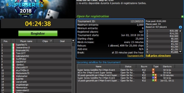 Tutti i satelliti 888poker per qualificarsi last-minute al Main Event Super Series da 100.000€ garantiti!