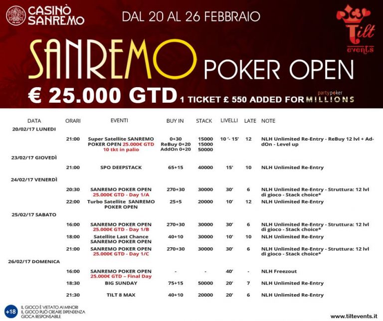 Torna il Sanremo Poker Open con 25.000€ garantiti e un ticket added per
