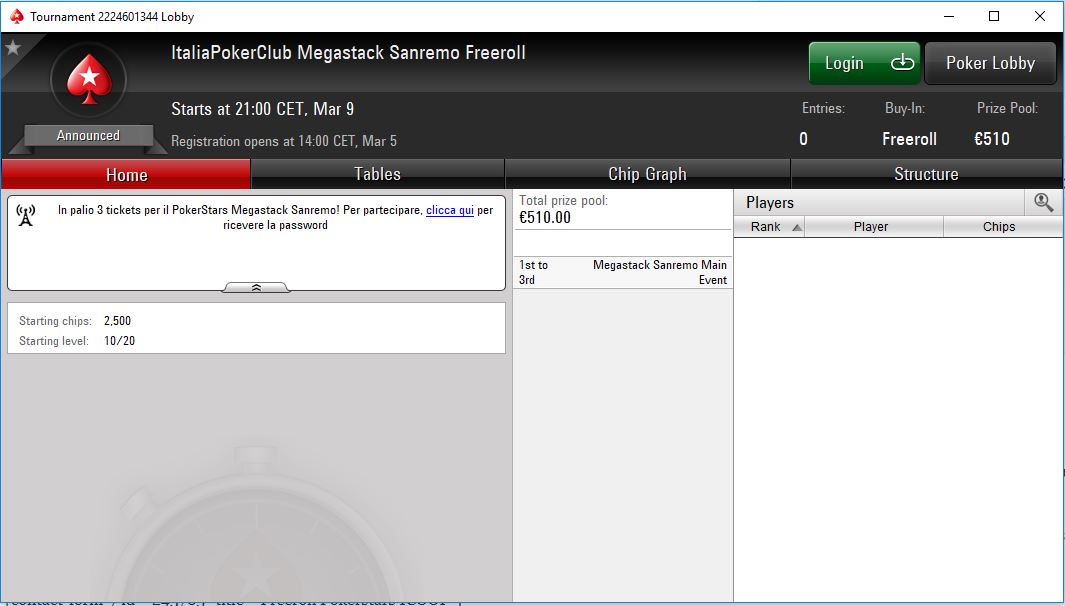 italiapokerclub megastack sanremo freeroll lobby