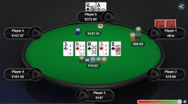 Hand review – Bet, bet, bet shove e call in bluff catch: reg war btn vs sb al NL100