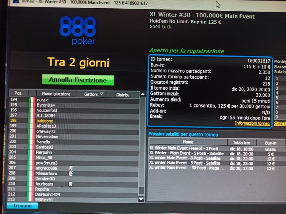 baldoone club del poker iscritto main event xl winter series 888poker