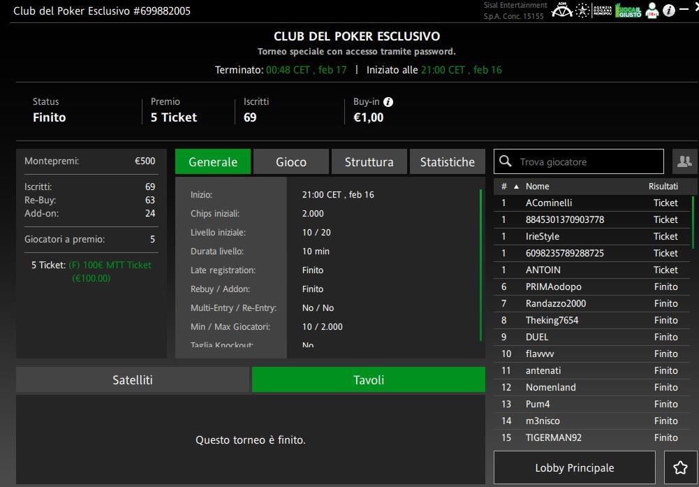 lobby freeroll club del poker sisal vittoria alberto cominelli